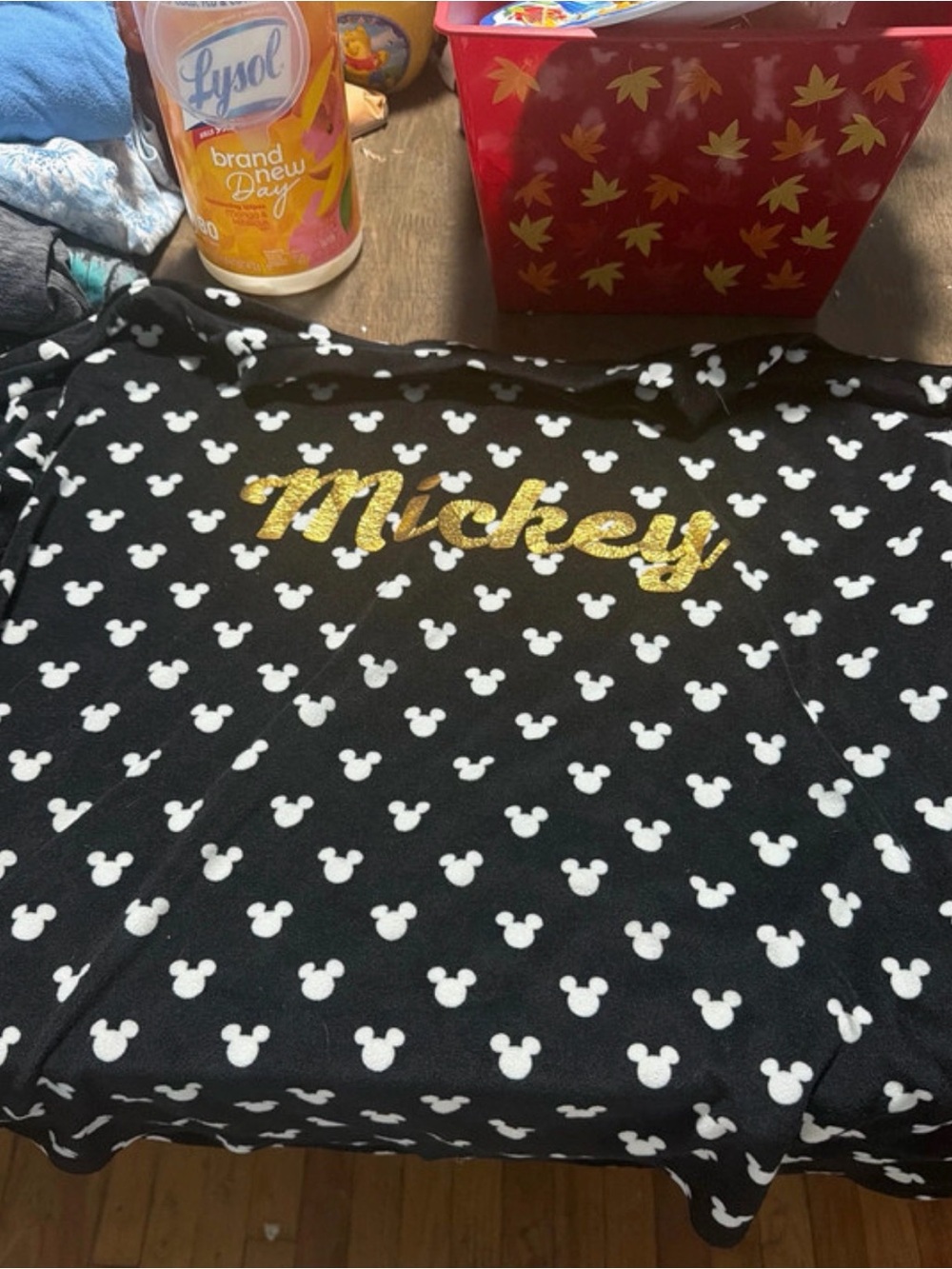 Women Black Mickey Pattern Pullover with Gold Glitter Logo